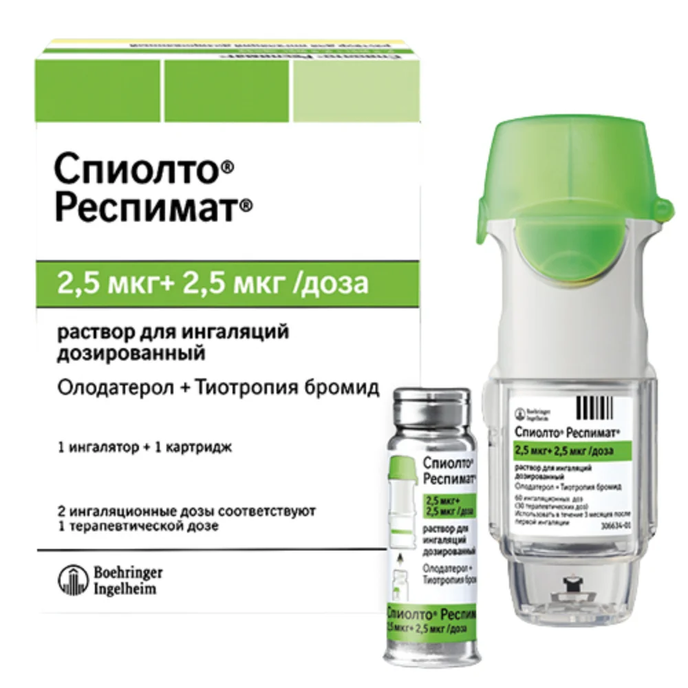 Спиолто Респимат р-р для ингаляций 2,5мкг/доз 2,5мкг/доз 4мл картридж в к-те с ингалятором Респимат №1