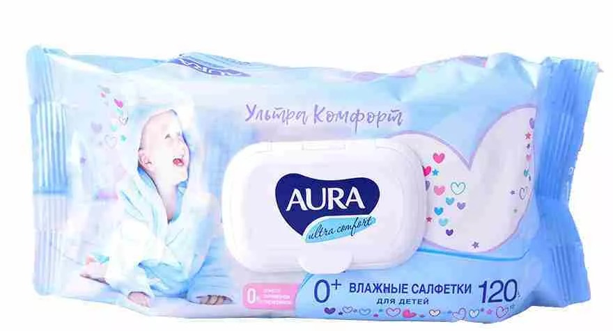 Салфетки влажные детские AURA Ultra Comfort 0+ с витамином Е и алоэ (с крышкой) упаковка №120